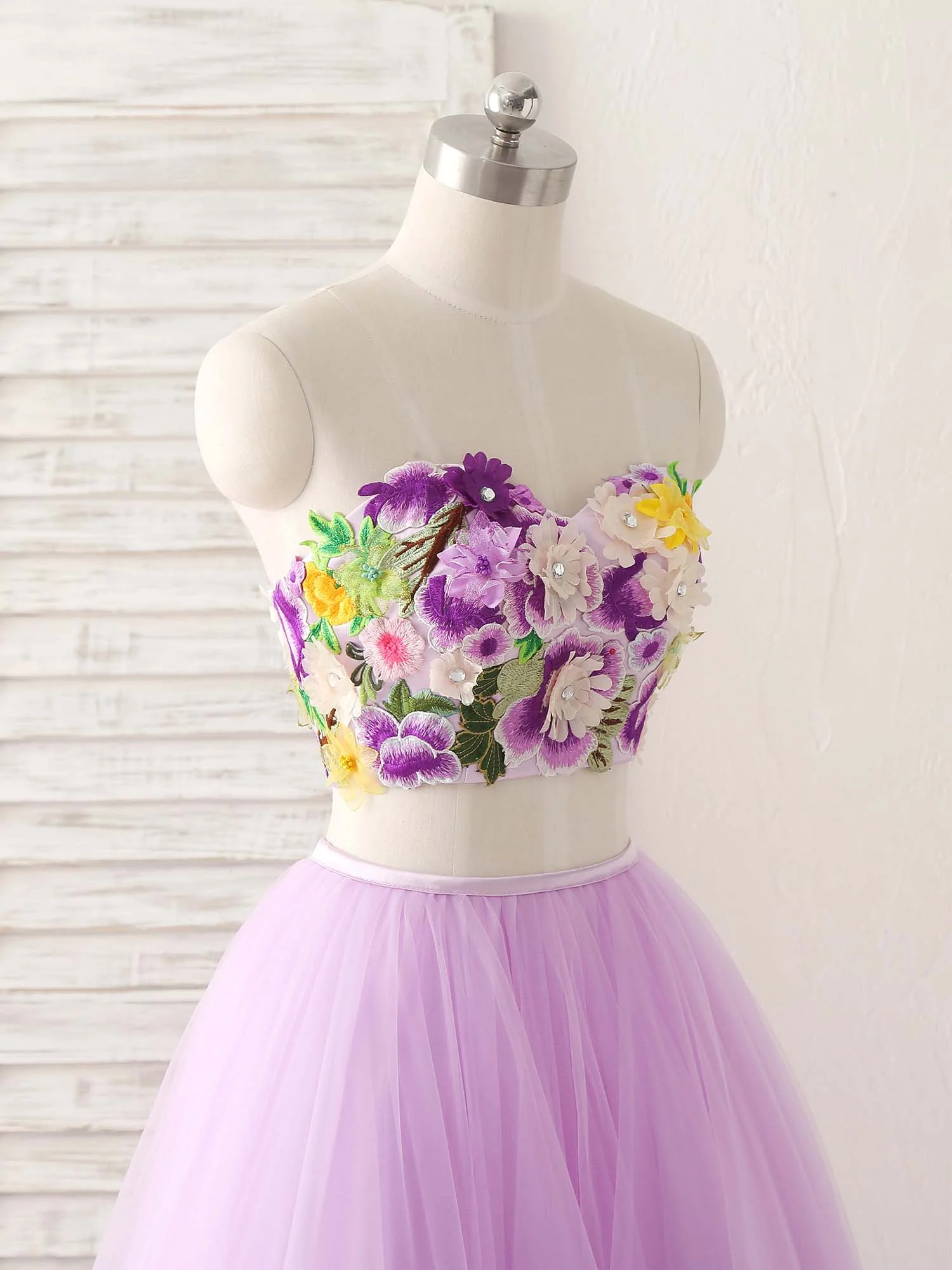Purple Two Pieces Applique Tulle Long Prom Dress Purple Evening Dress - Deanwangkt