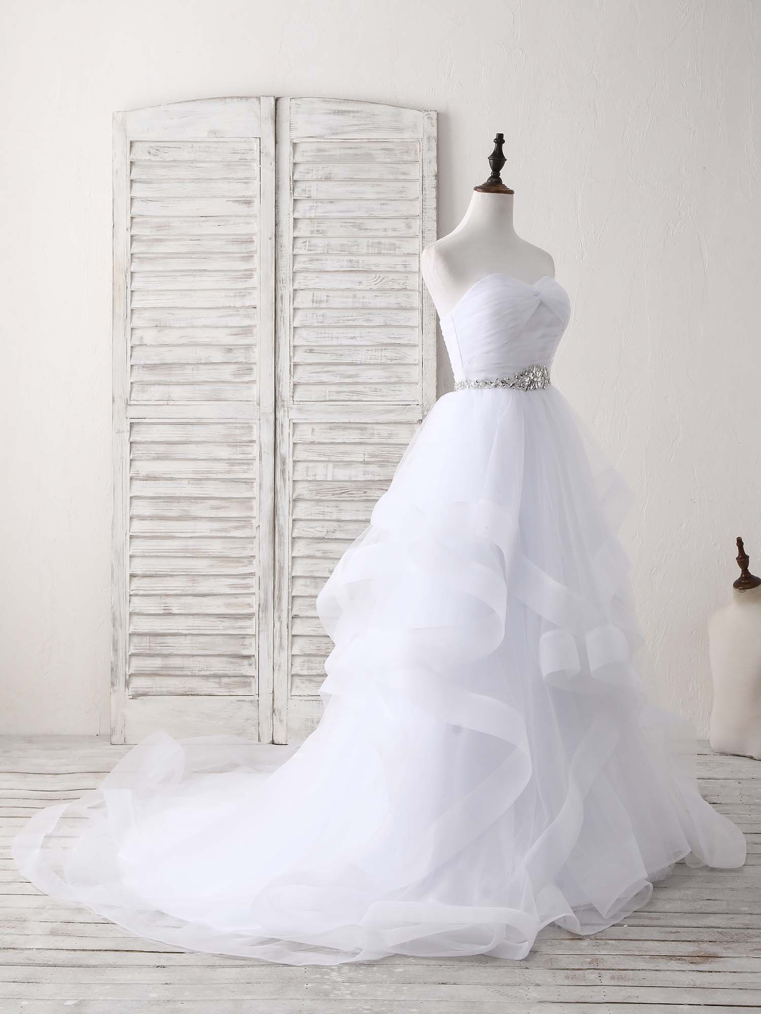 White Sweetheart Neck Tulle Long Prom Dress, White Formal Graduation Dress - Deanwangkt
