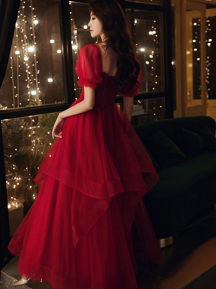 Simple A line Tulle Long Prom Dress Burgundy Tulle Formal Dress - Deanwangkt