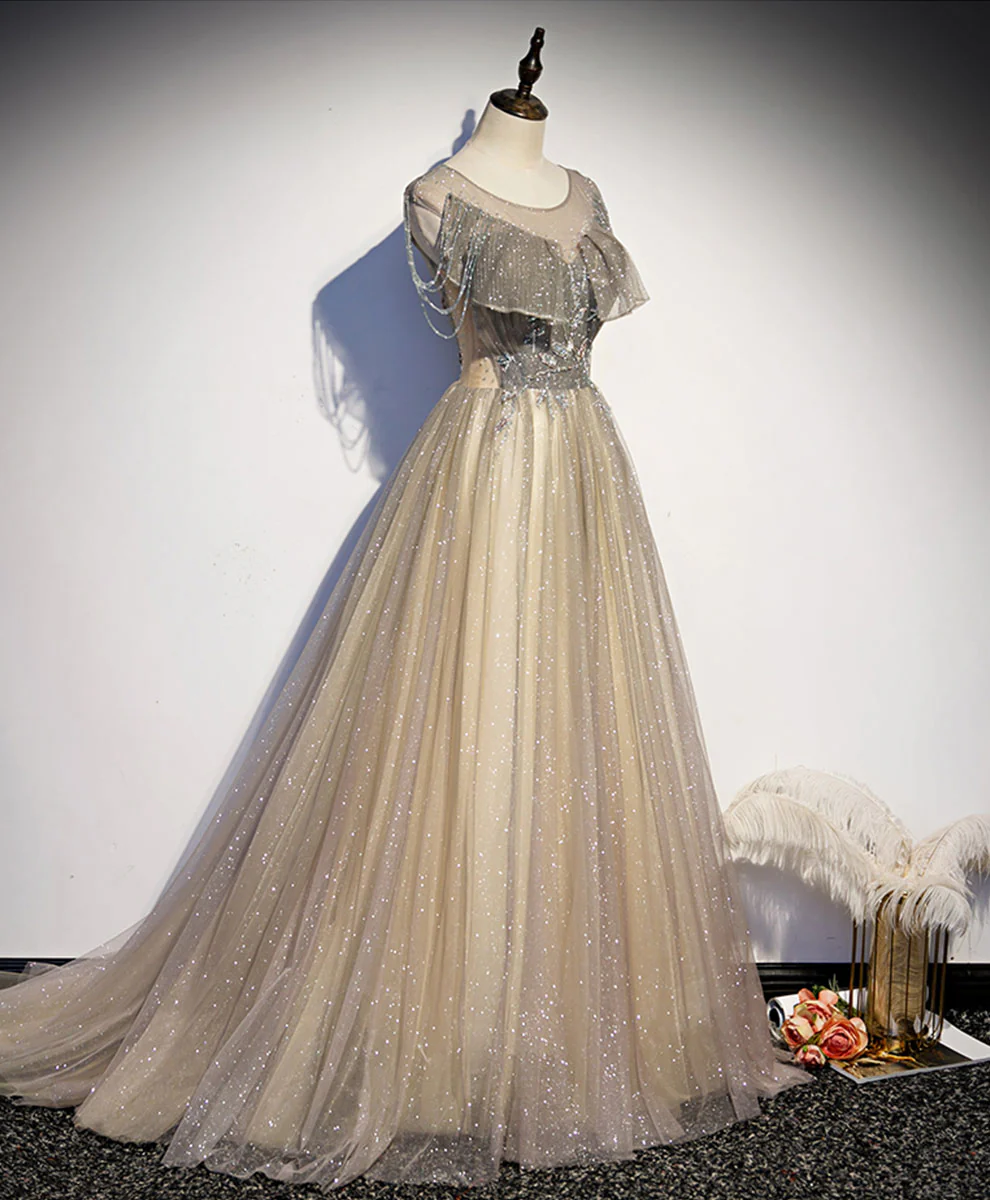 Champagne Round Neck Sequin Long Prom Dress Tulle Formal Dress - Deanwangkt