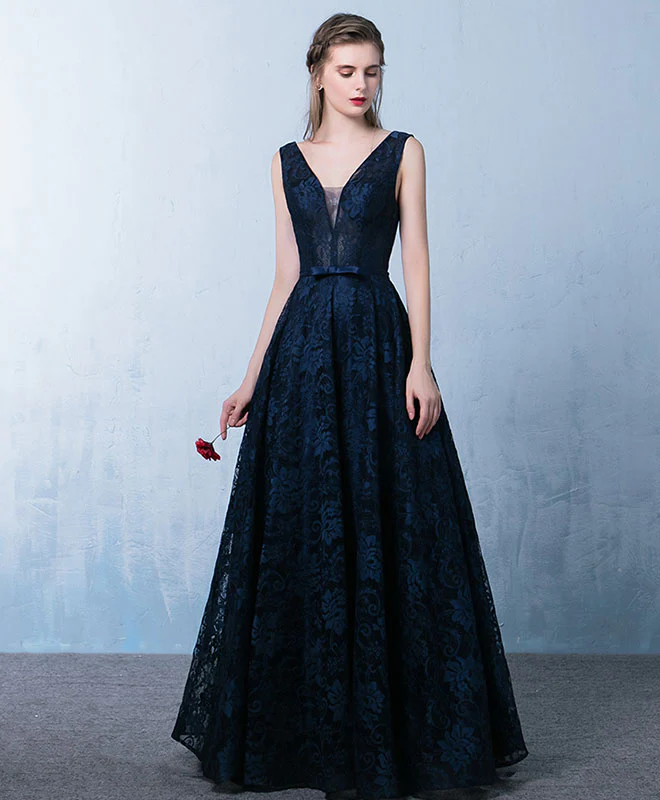 Elegant Dark Blue V Neck Long Prom Dress, Lace Evening Dress - Deanwangkt