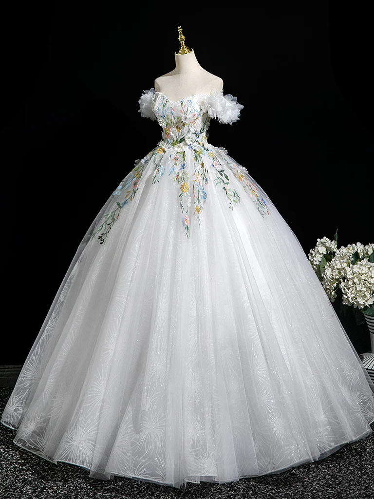 A-Line Tulle Lace White Long Prom Dress, White Long Evening Dress - Deanwangkt