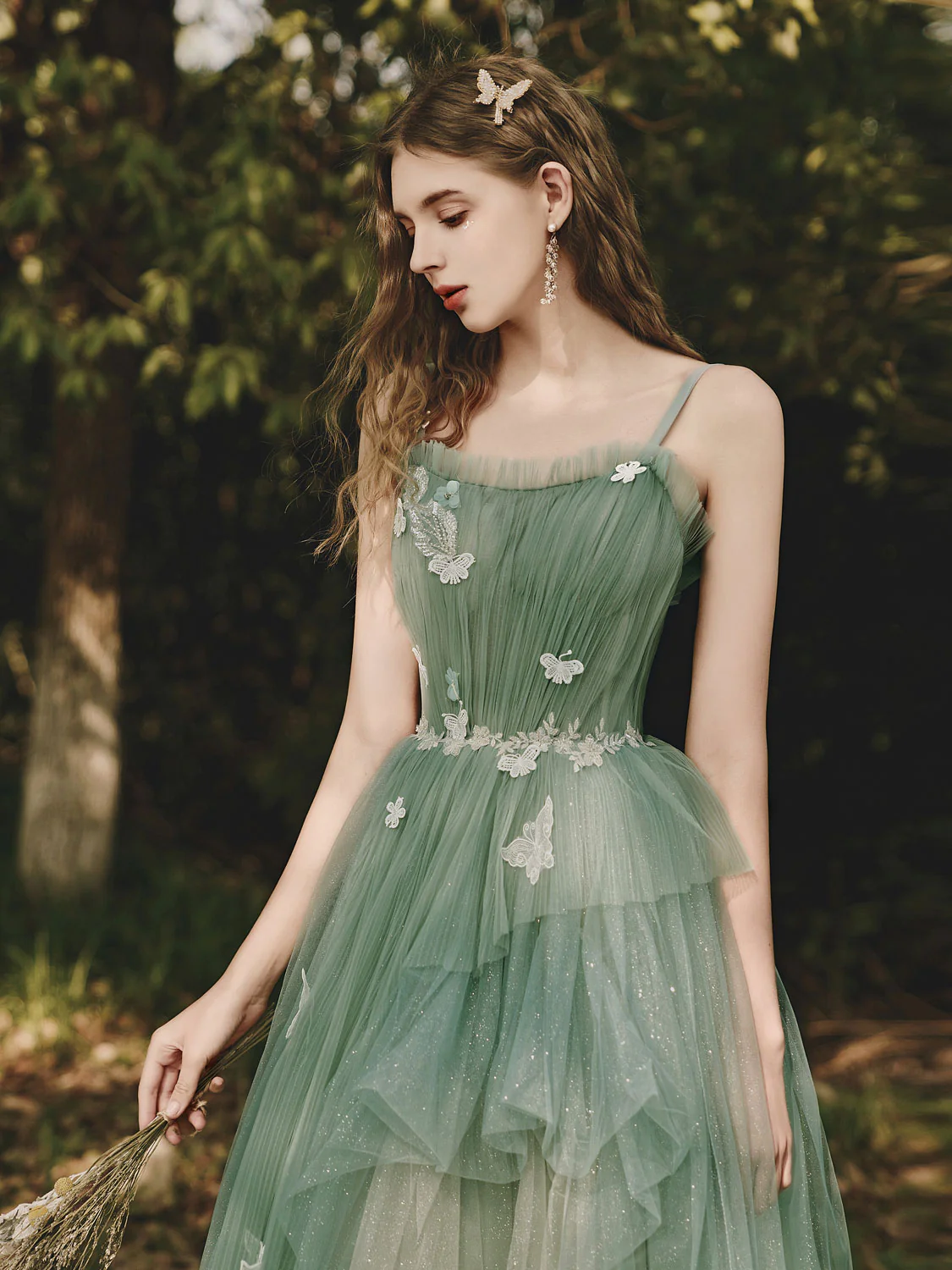 Green Tulle Lace Long Prom Dress, Green A line Formal Party Dress with Applique - Deanwangkt