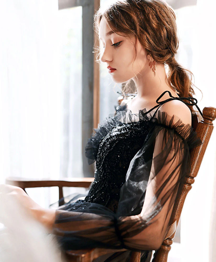 Black Tulle Lace Long Prom Dress Black Lace Evening Dress - Deanwangkt