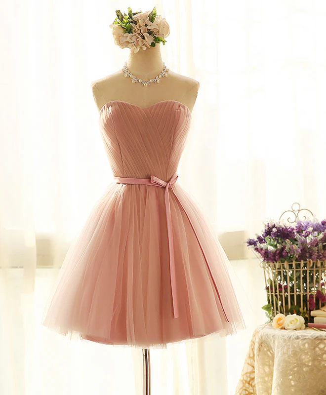 Cute Sweetheart Neck Tulle Short Prom Dress, Pink Bridesmaid Dress - Deanwangkt