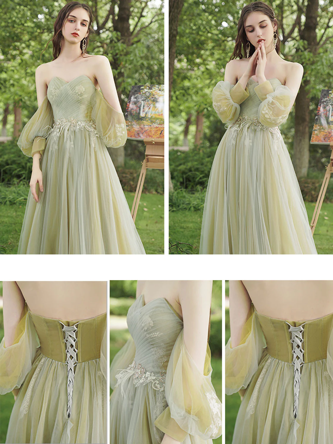 A-Line Green Tulle Lace Long Prom Dress, Green Lace Formal Dress - Deanwangkt