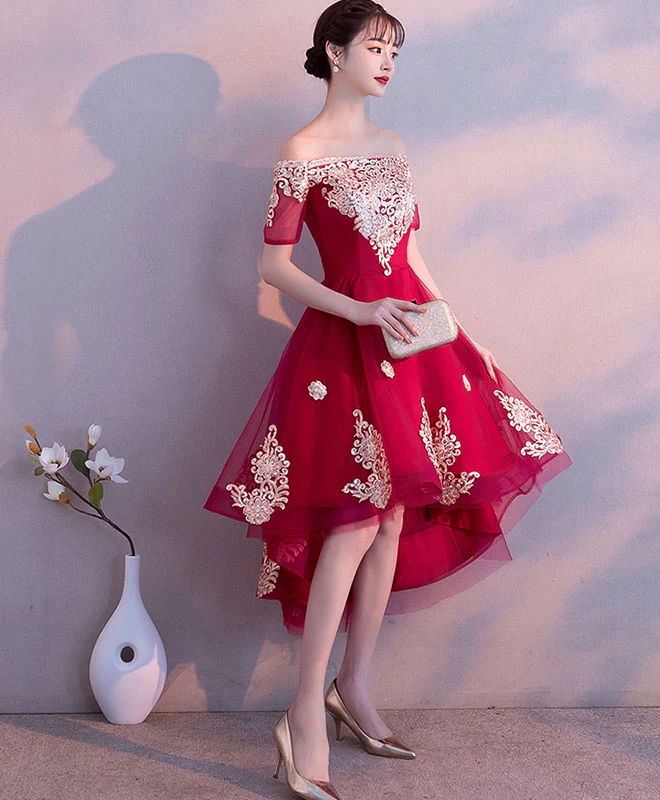 Burgundy Tulle High Low Prom Dress, Burgundy Lace Bridesmaid Dress - Deanwangkt