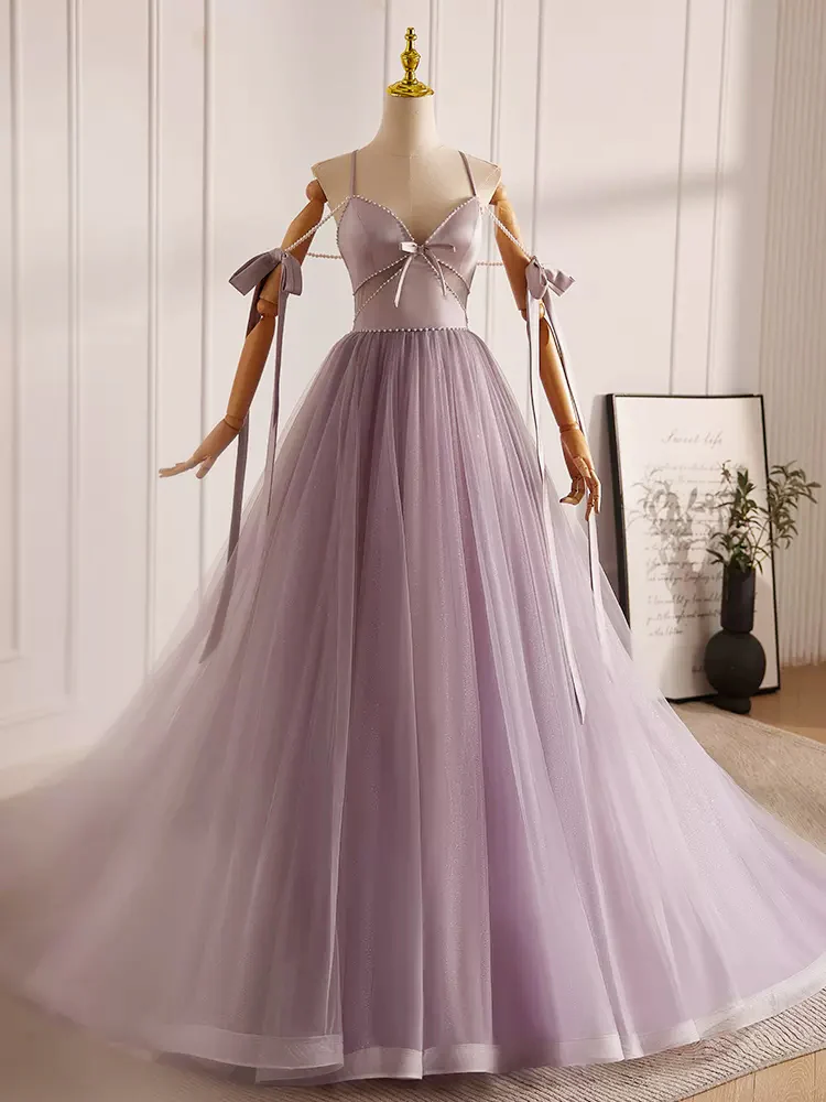 A-Line V Neck Tulle Beads Purple Long Prom Dress, Purple Long Formal Dress - Deanwangkt