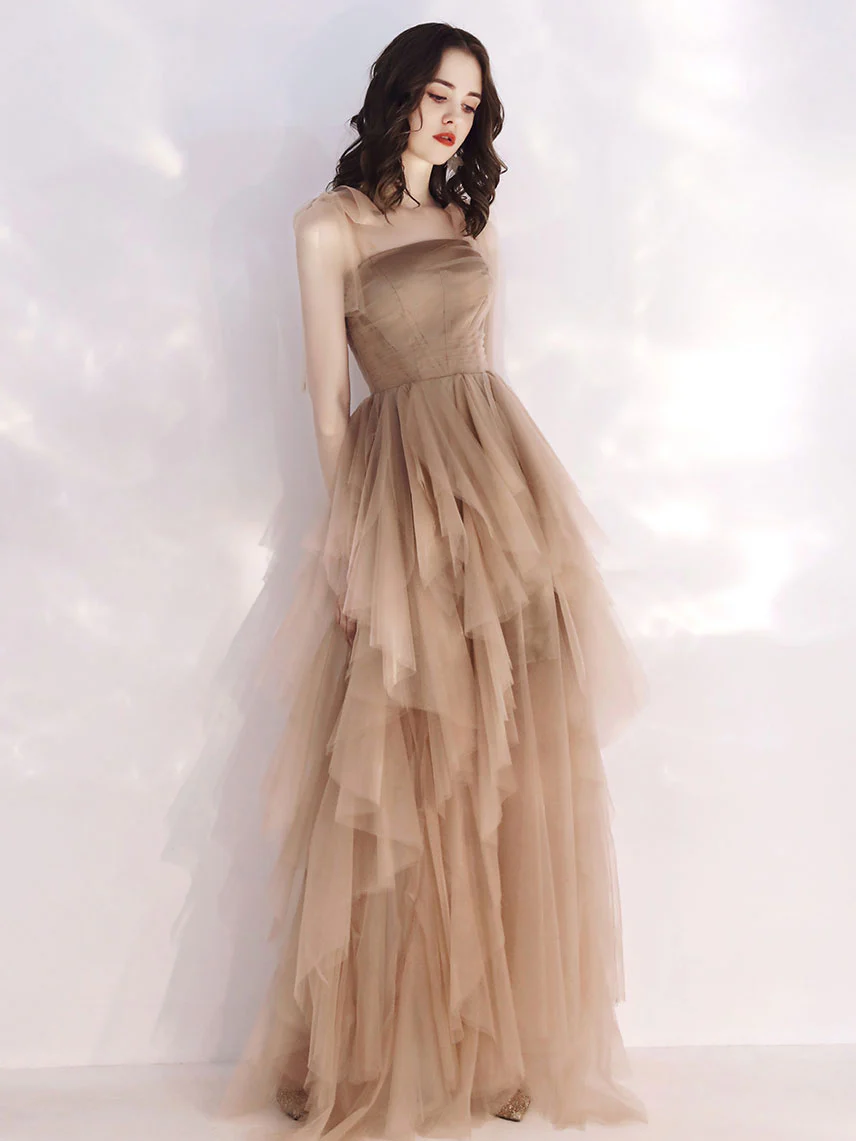 Champagne Tulle Long Prom Dress Champagne Evening Dress - Deanwangkt
