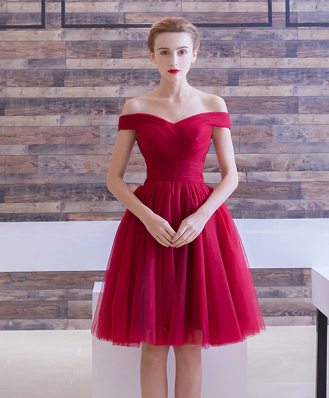 Simple Burgundy Tulle Short Prom Dress, Burgundy Homecoming Dress - Deanwangkt
