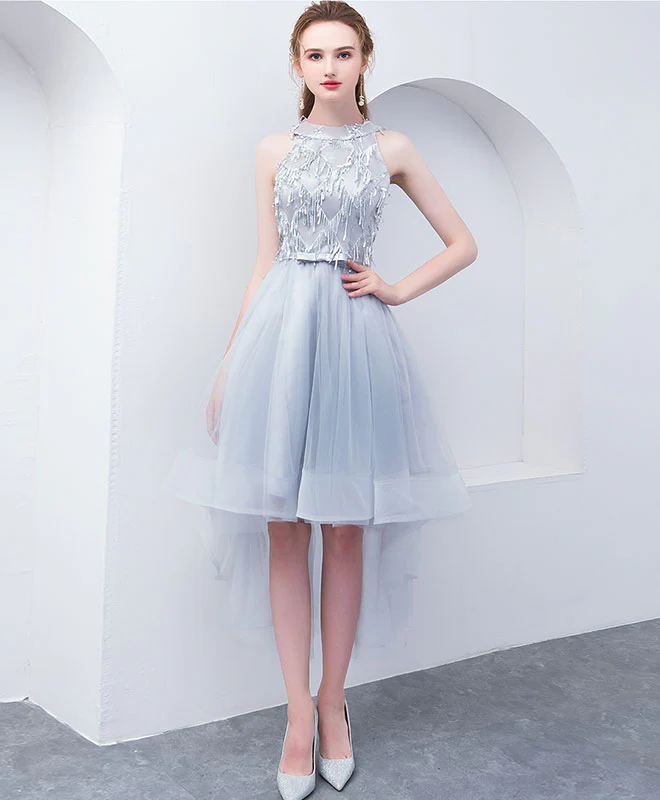 Cute High Neck Gray Tulle Short Prom Dress, Tulle Homecoming Dress - Deanwangkt
