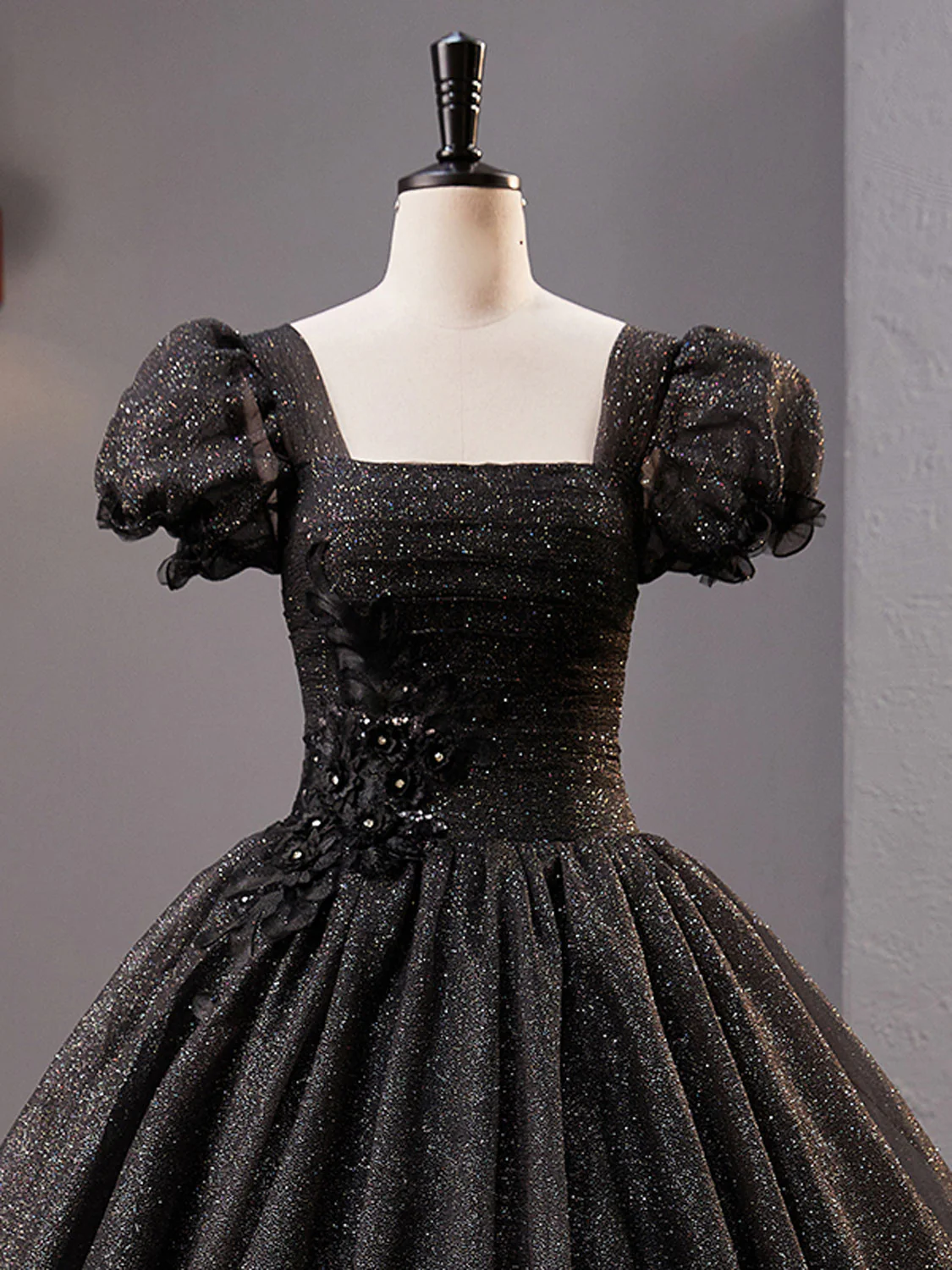 Black Square Neckline Tulle Long Prom Dresses, Shiny Tulle Black Evening Dress - Deanwangkt