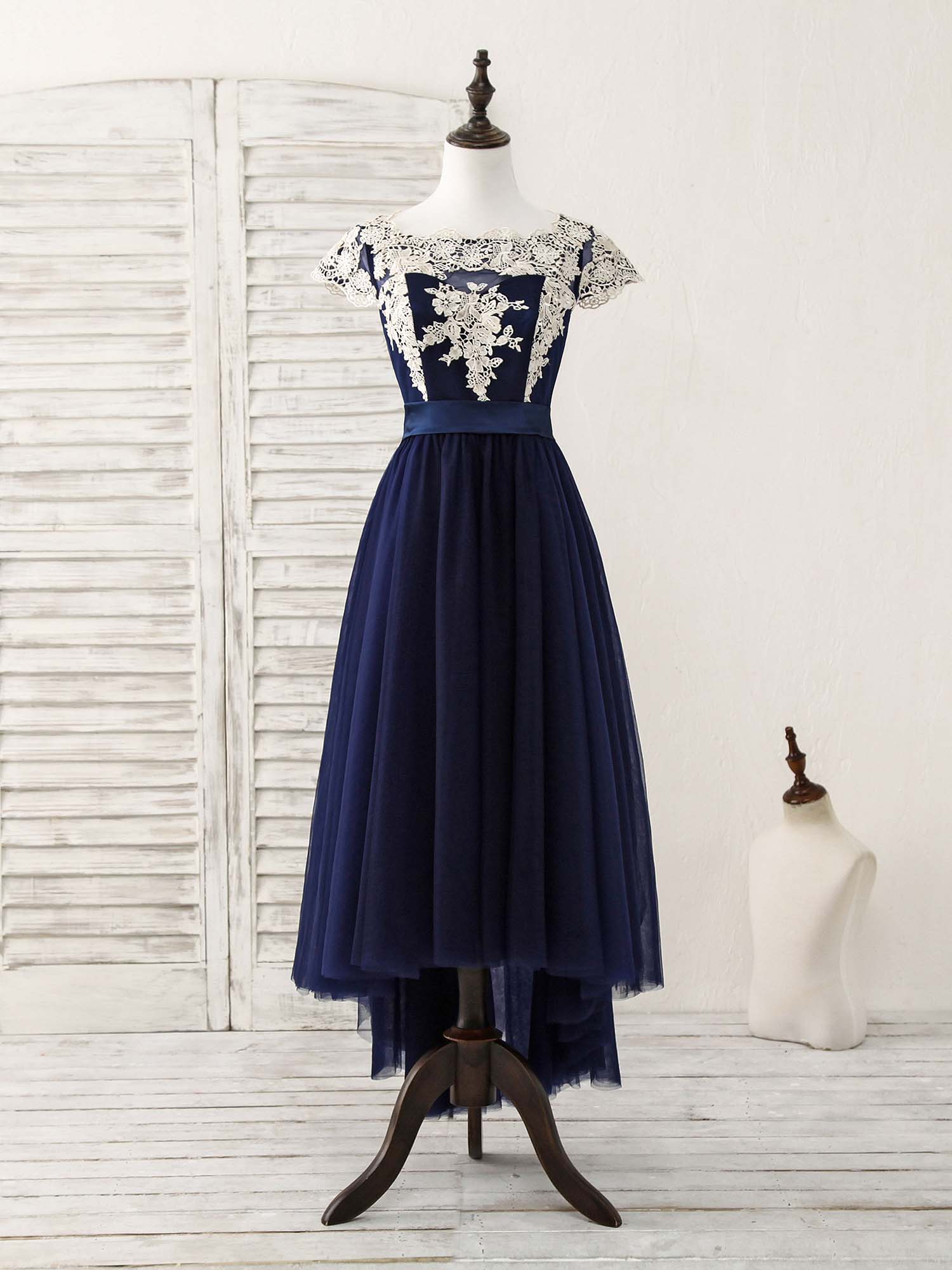 Dark Blue Tulle Lace Applique High Low Prom Dresses - Deanwangkt