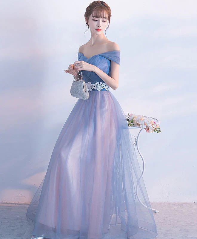 Gray Blue Tulle Long Prom Dress, Gray Blue Tulle Bridesmaid Dress - Deanwangkt