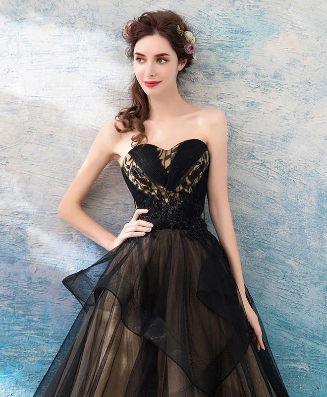 Black Sweetheart Neck Tulle Long Prom Dress, Black Evening Dress - Deanwangkt