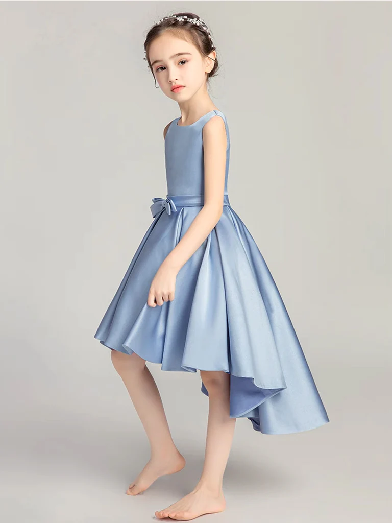 A-Line Round Neck High Low Satin Blue Short Flower Girl Dress - Deanwangkt