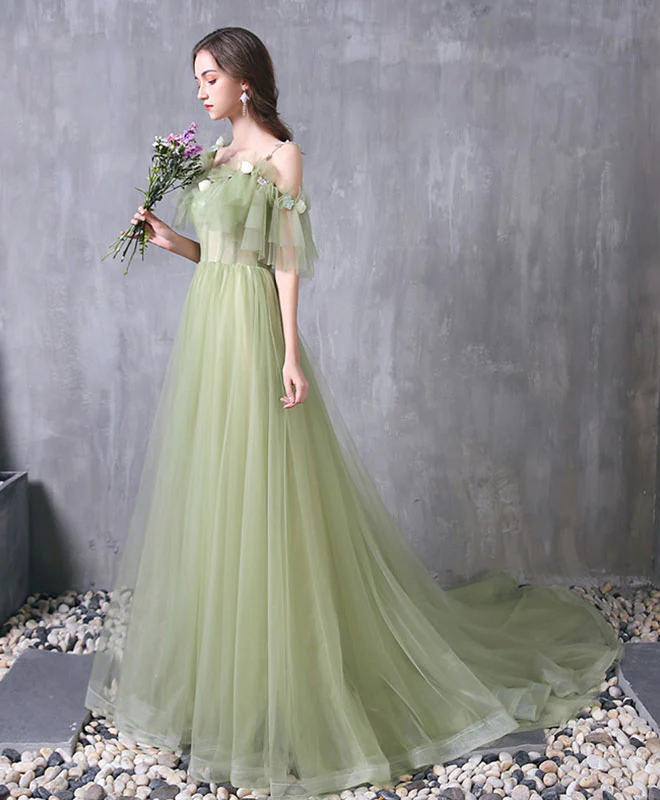 Green Tulle Lace Long Prom Dress Green Evening Dress - Deanwangkt