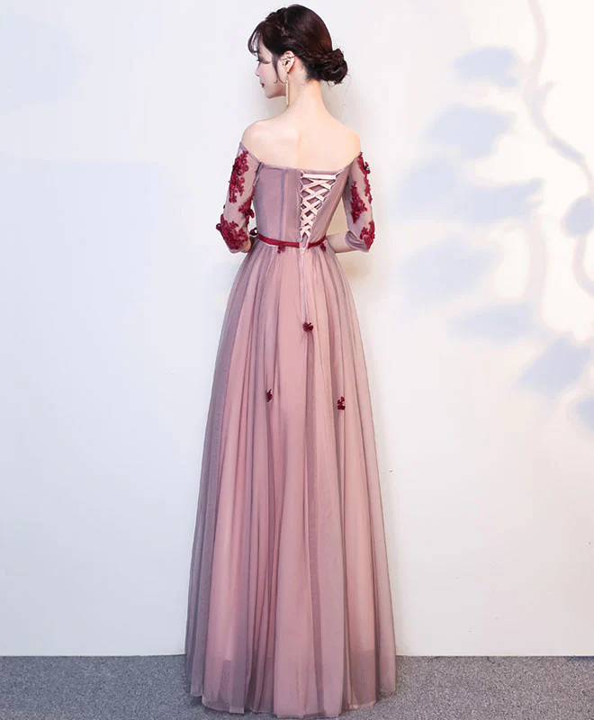 Burgundy Tulle Lace Long Prom Dress, Burgundy Tulle Evening Dress - Deanwangkt