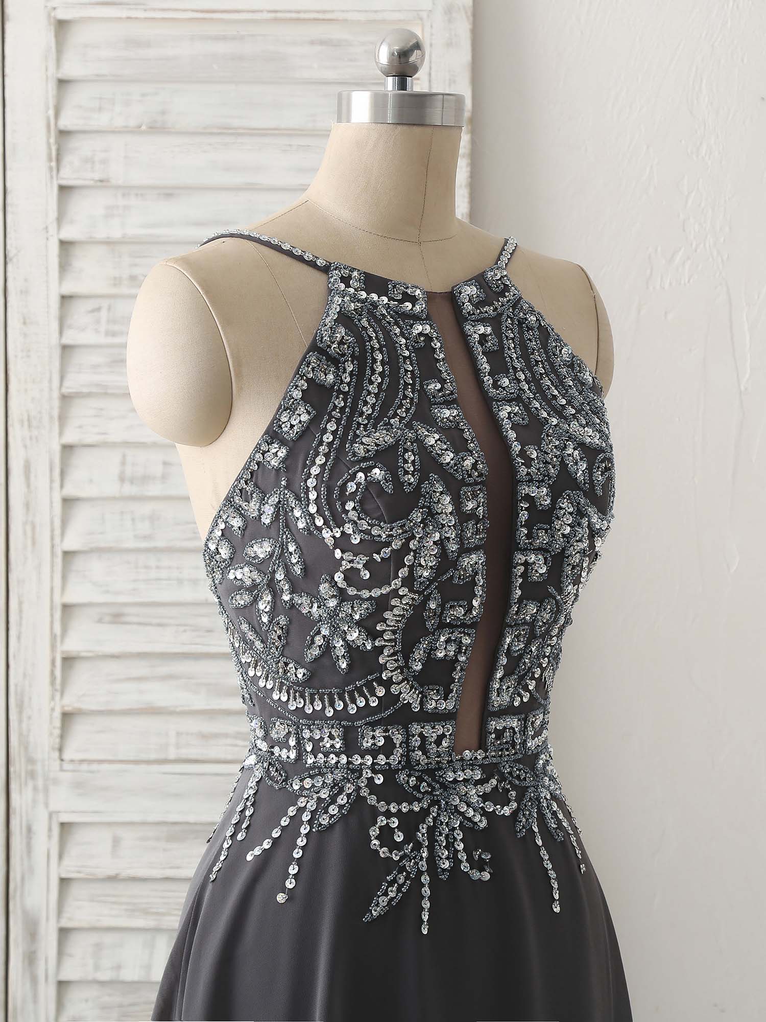 Dark Gray Sequin Beads Long Prom Dress Backless Evening Dress - Deanwangkt