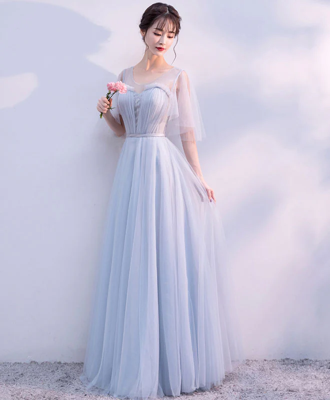 Gray V Neck Tulle Long Prom Dress, Gray Tulle Evening Dress - Deanwangkt