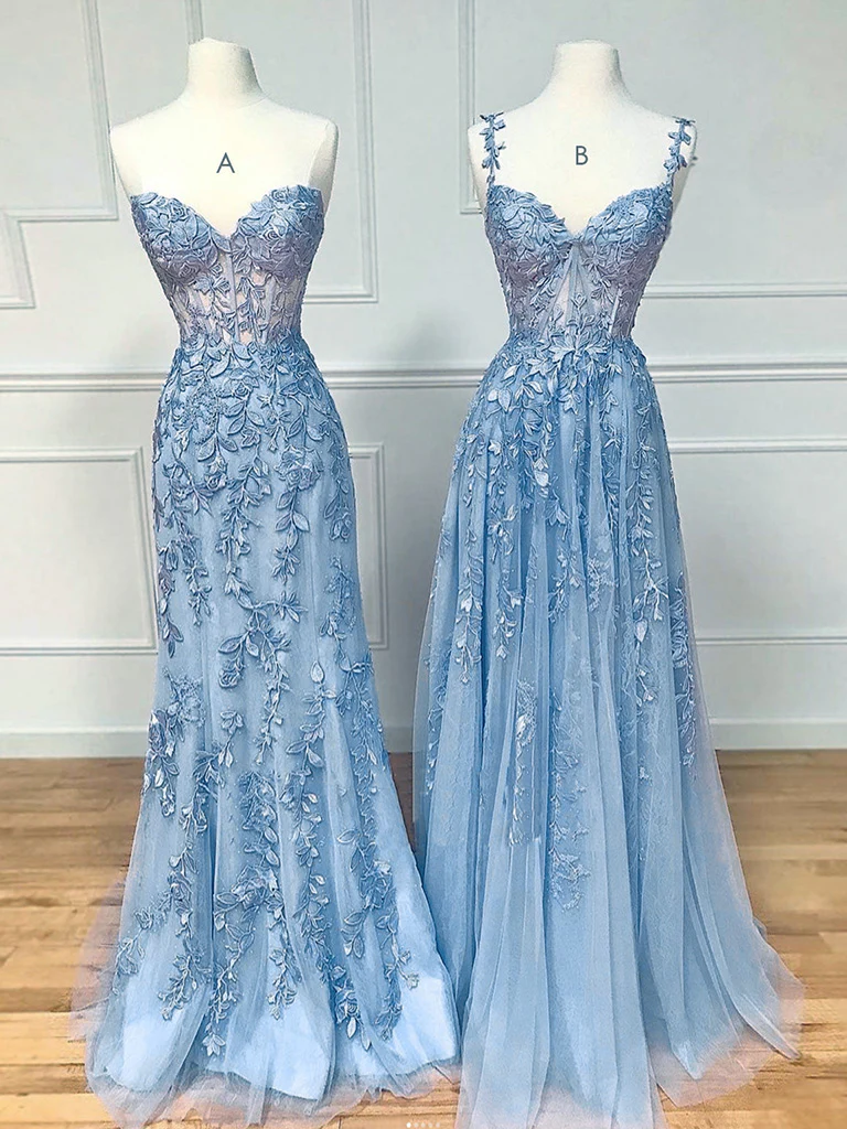 Blue Sweetheart Neck Lace Long Prom Dresses, Blue Lace Graduation Dress - Deanwangkt