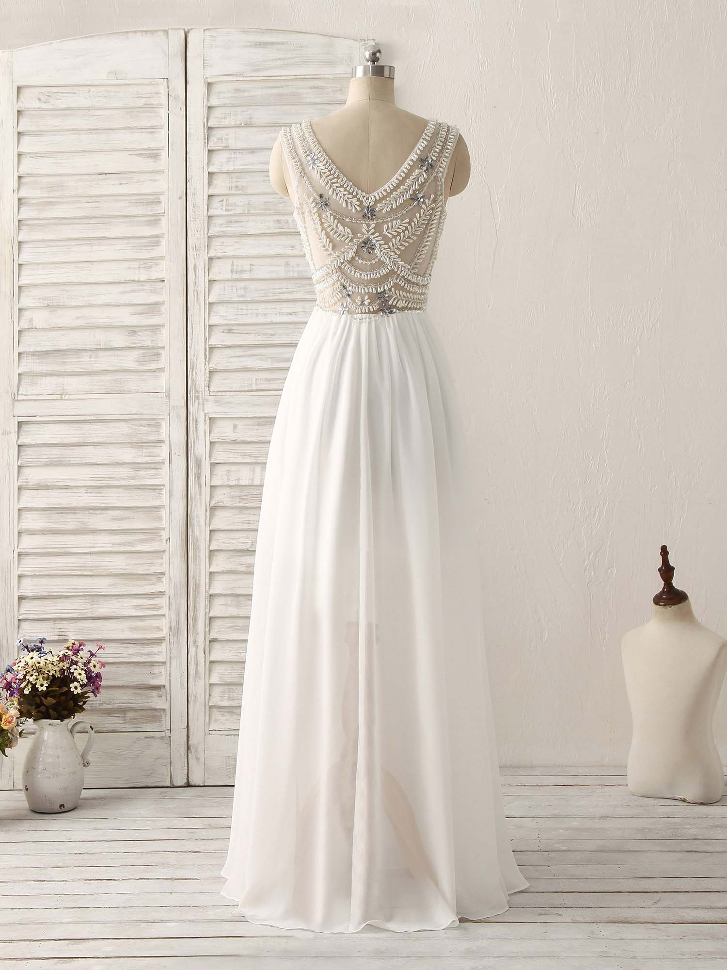 White V Neck Chiffon Long Prom Dresses, White Long Evening Dresses - Deanwangkt