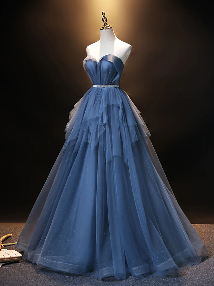 Blue Sweetheart Neck Tulle Long Prom Dress Blue evening dress - Deanwangkt