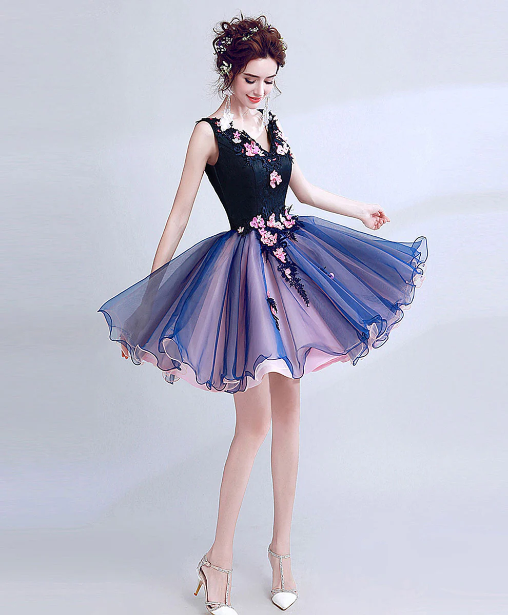 Dark Blue Lace Tulle Short Prom Dress, Puffy Blue Short Homecoming Dress - Deanwangkt