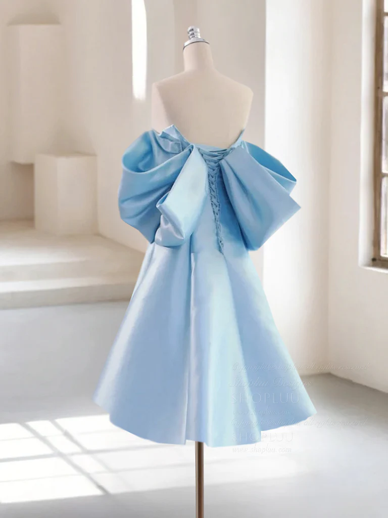 Simple A-Line Satin Blue Short Prom Dress, Blue Homecoming Dress - Deanwangkt