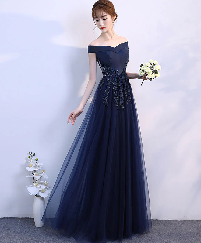 Simple Blue Off Shoulder Long Prom Dress, Blue Bridesmaid Dress - Deanwangkt