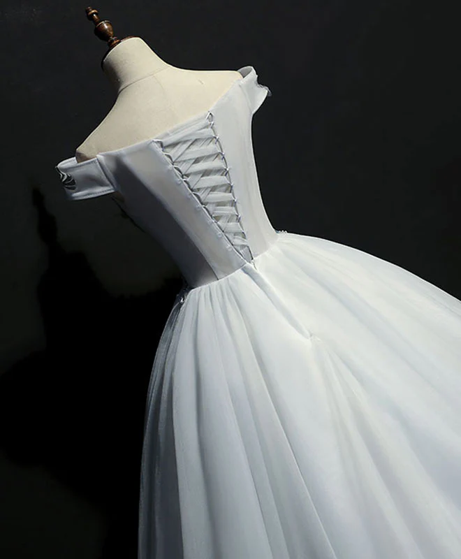 Gray Tulle Lace Off Shoulder Long Prom Gown Tulle Lace Evening Dress - Deanwangkt