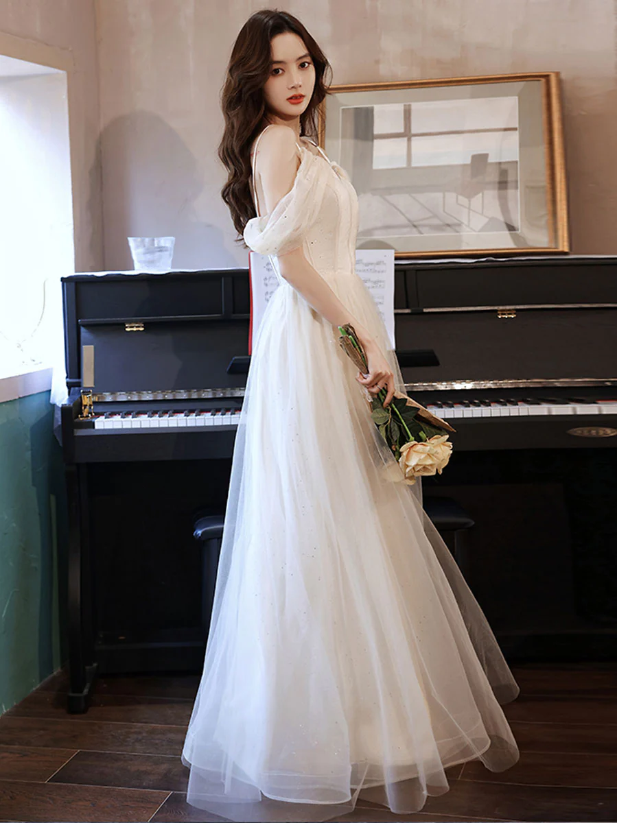 Simple White Off Shoulder Tulle Long Prom Dress, White Formal Dresses - Deanwangkt