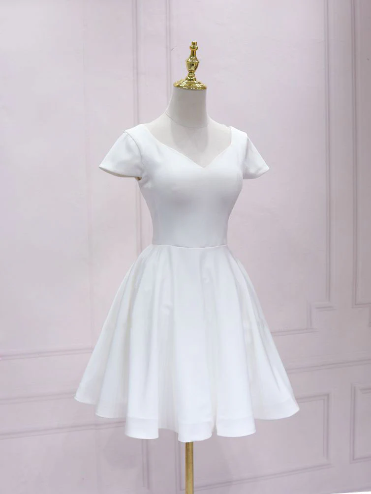 Simple White V Neck Lace Short Prom Dress, White Bridesmaid Dress - Deanwangkt