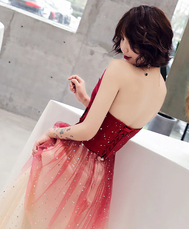 Burgundy Tulle Sequin Long Prom Dress, Tulle Evening Dress - Deanwangkt