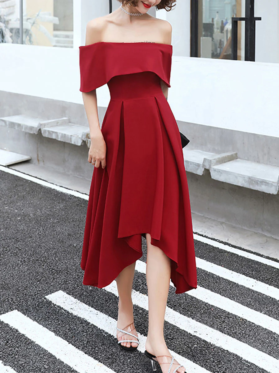 Simple Burgundy Off Shoulder Prom Dresses, Burgundy Homecoming Dresses - Deanwangkt