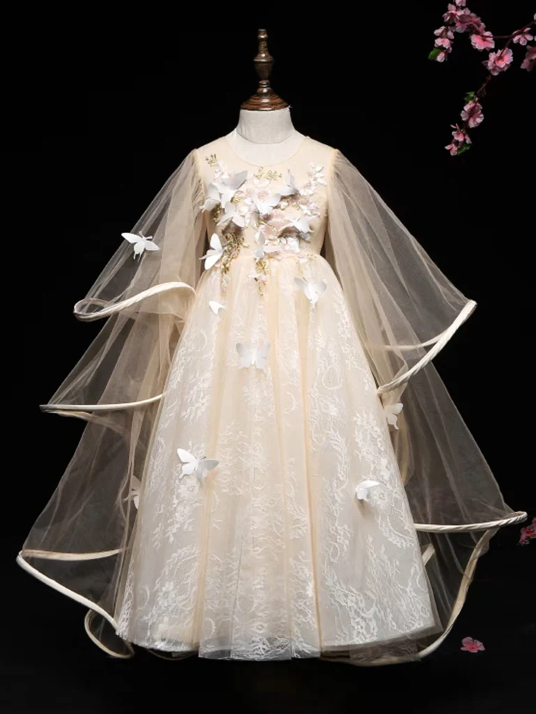 A-Line Tulle Lace Butterfly Champagne Flower Girl Dress - Deanwangkt