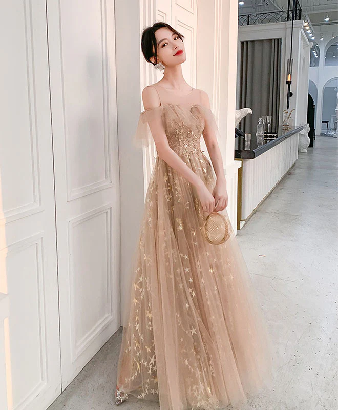 Champagne Round Neck Tulle Lace Long Prom Dress Tulle Evening Dress - Deanwangkt