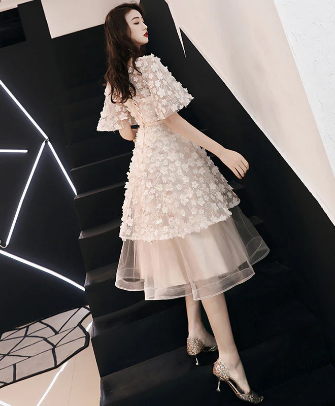 Champagne Tulle  Lace Short Prom Dress, Tulle Evening Dress - Deanwangkt