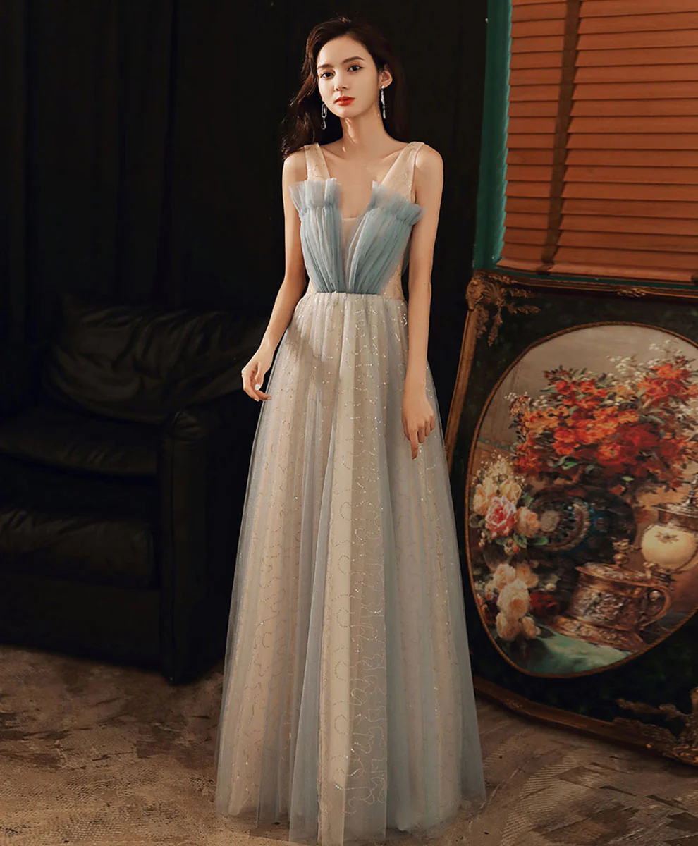 Blue V Neck Tulle Long Prom Dress, Blue Tulle Formal Dress with Sequin - Deanwangkt