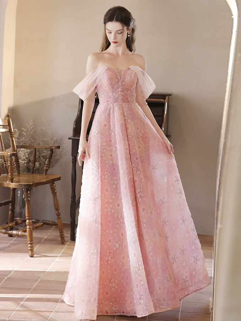 A-Line Off Shoulder Tulle Lace Pink Long Prom Dress, Pink Lace Evening Dress - Deanwangkt