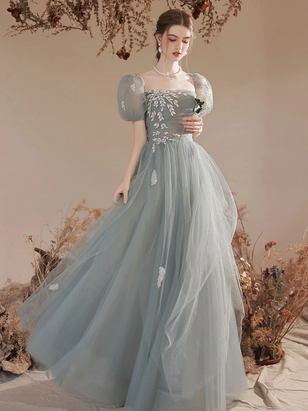 A-Line Square Neckline Gray Blue Long Prom Dress, Lace Formal Evening Dress - Deanwangkt