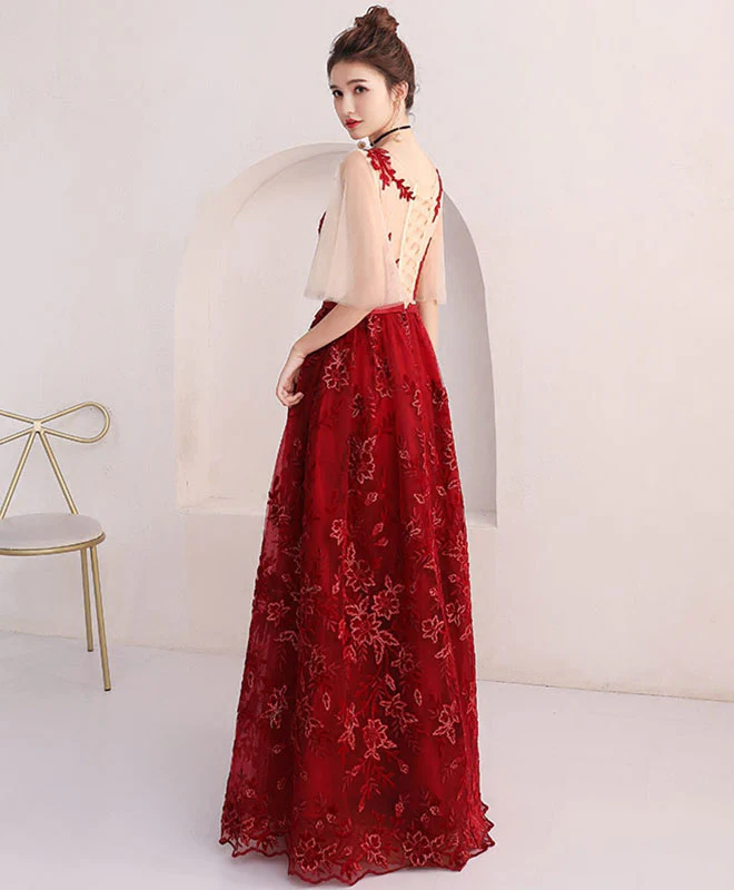 Burgundy Lace Long Prom Dress, Burgundy Formal Long Graduation Dress - Deanwangkt
