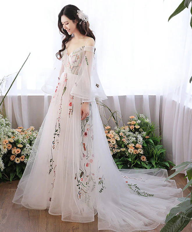 White V Neck Tulle Lace Applique Long Prom Dress, White Evening Dress - Deanwangkt