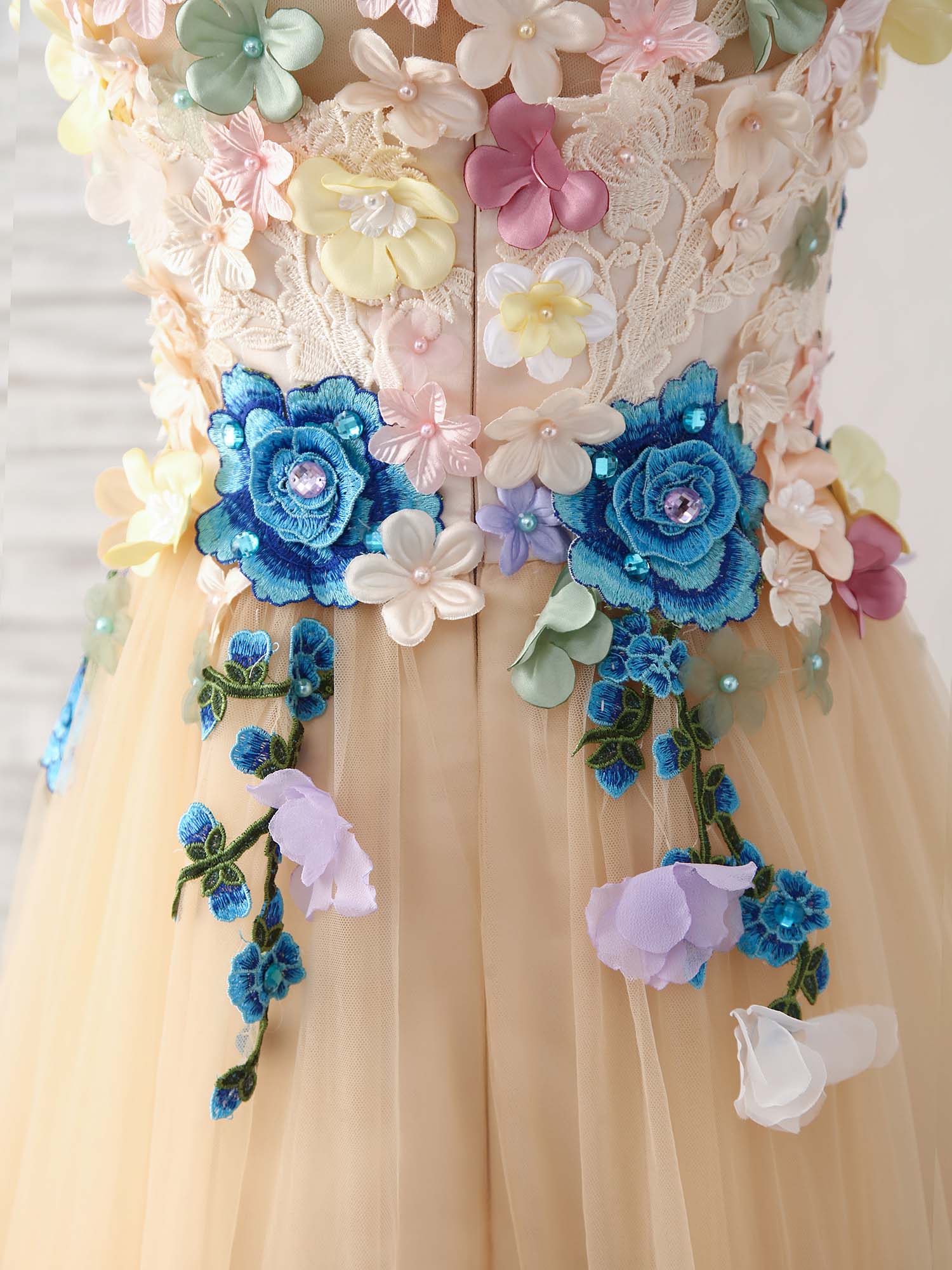 Champagne Tulle Lace Applique Long Prom Dress, Evening Dress - Deanwangkt