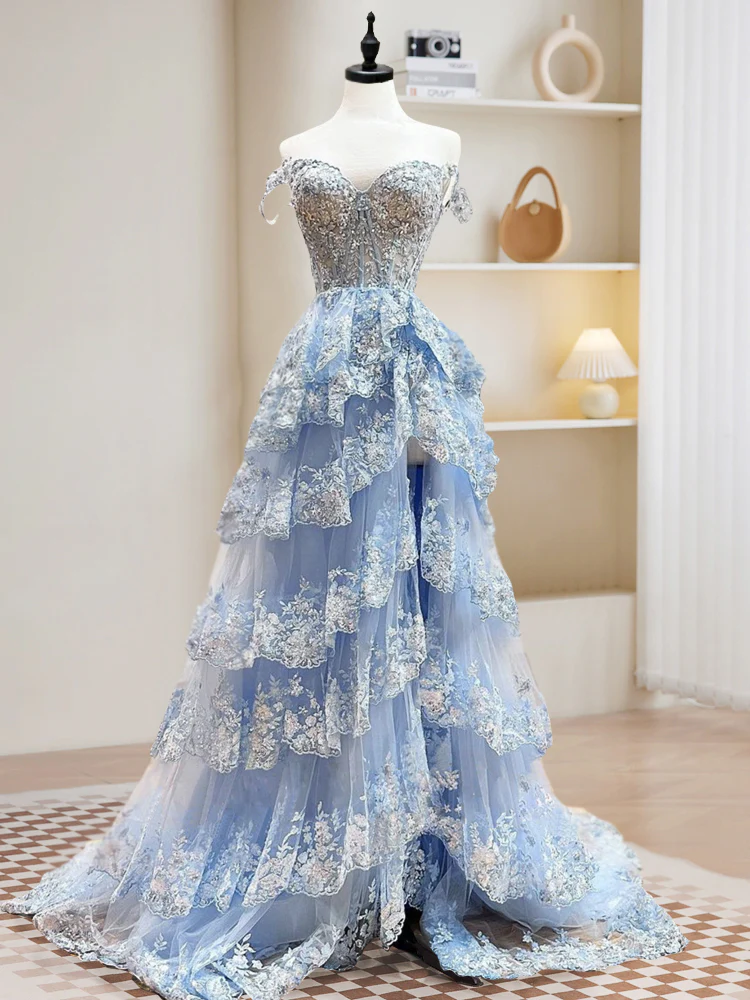 A-Line Tulle Sequin Blue Long Prom Dress, Blue Sequin Long Formal Dress - Deanwangkt