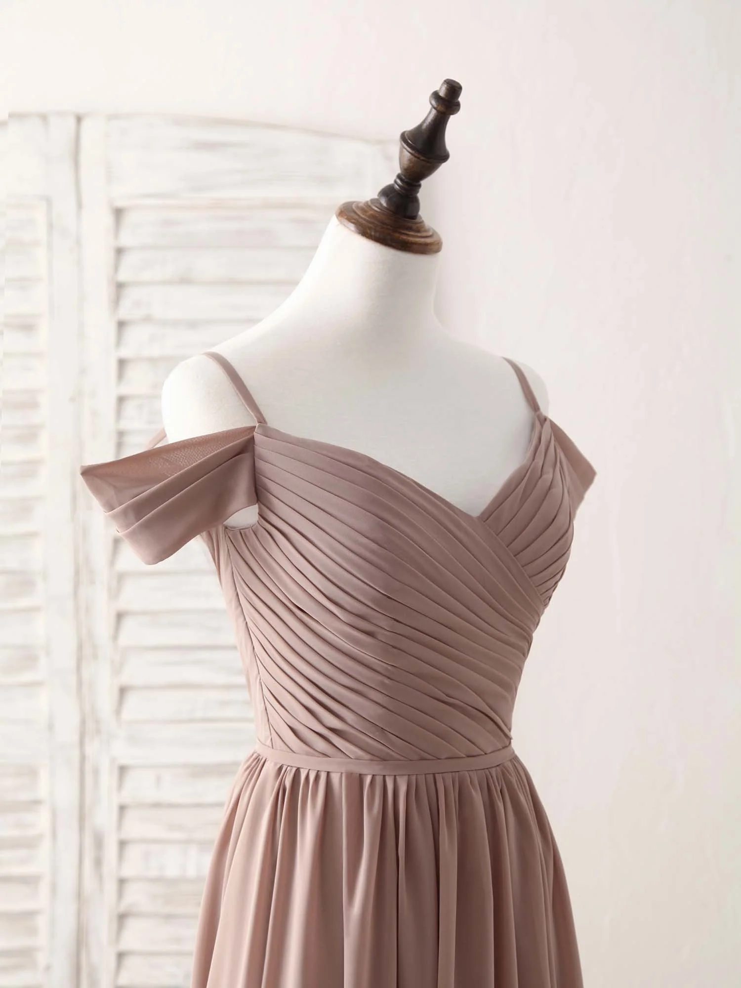 Simple V Neck Dark Champagne Chiffon Long Prom Dress, Bridesmaid Dress - Deanwangkt