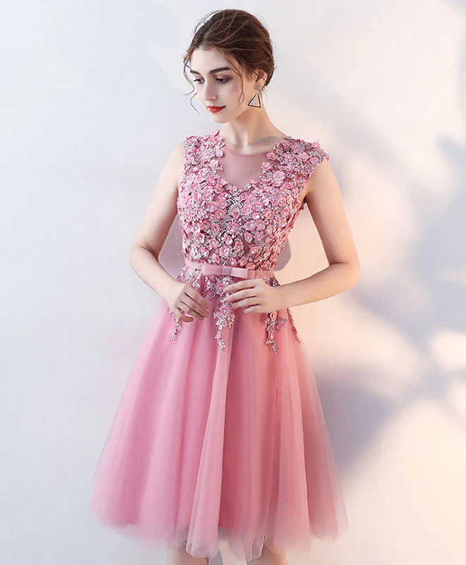 Pink Tulle Lace Short Prom Dress, Pink Tulle Homecoming Dress - Deanwangkt