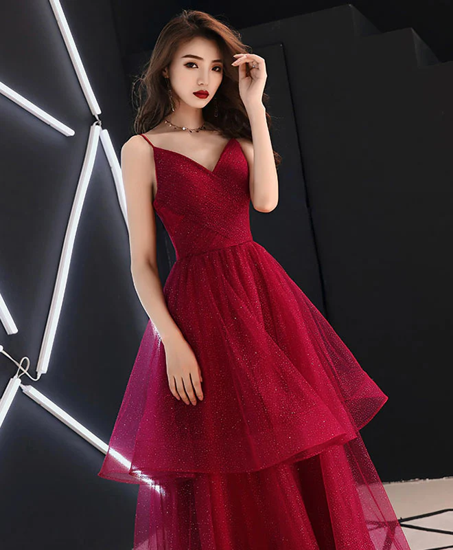 Burgundy V Neck Tulle Long Prom Dress, Shiny Burgundy Evening Dress - Deanwangkt