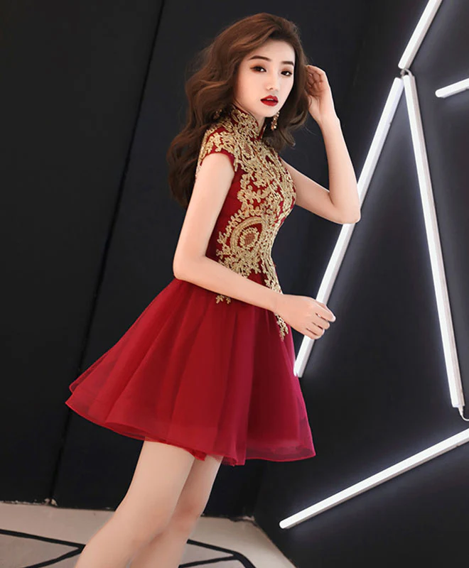 Burgundy Lace Tulle Short Prom Dress, Burgundy Homecoming Dress - Deanwangkt
