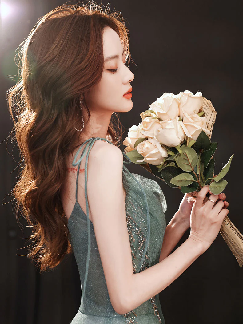 Green Tulle Sequin Long Prom Dress, Green Evening Dress - Deanwangkt